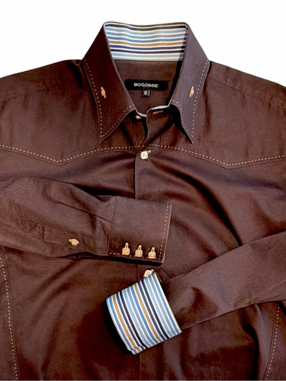 BOGOSSE Men’s Casual Button-Down Shirt with Contrast Stripe Lining & Cuffs - Picture 4 of 16